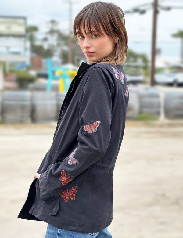 Women's Fashion Brand Black Anorak Jacket with Butterfly Embroidery