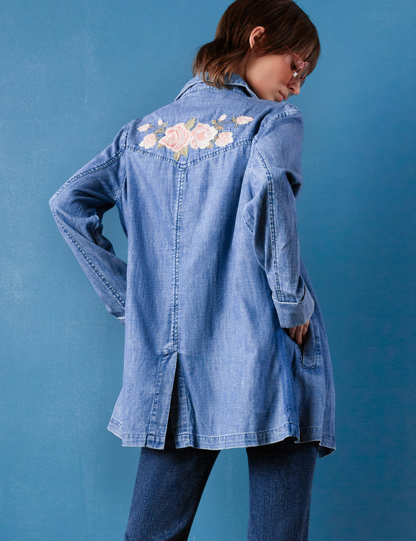 Women's Designer Rose Embroidered Denim Blazer