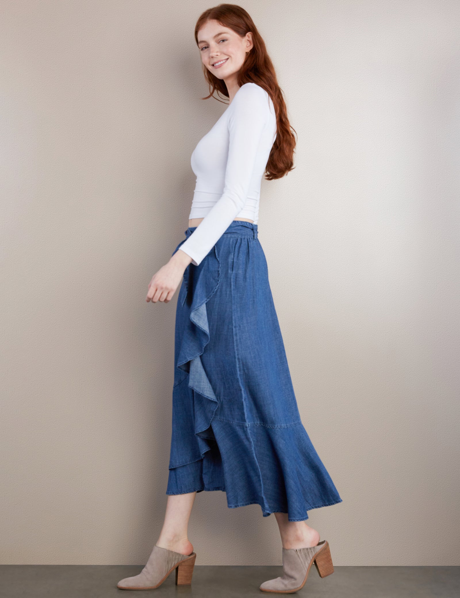 Blue wrap maxi skirt hotsell