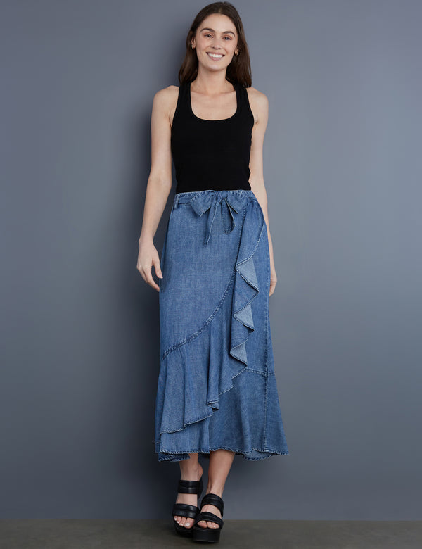 Women's Designer Chambray Ruffle Wrap Maxi Skirt