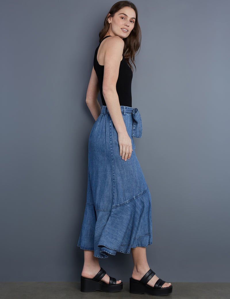 Women's Designer Chambray Ruffle Wrap Maxi Skirt