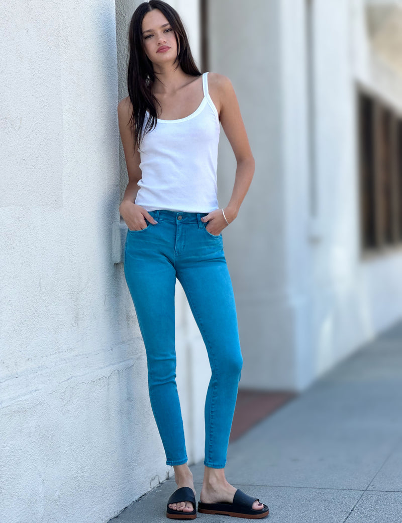 Women's Teal Colored Denim Mid Rise Skinny Jeans