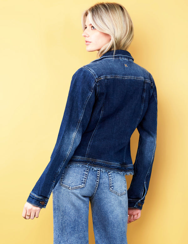 Women's Fashion Brand Dark Wash Denim Jacket Blonde Model Back View