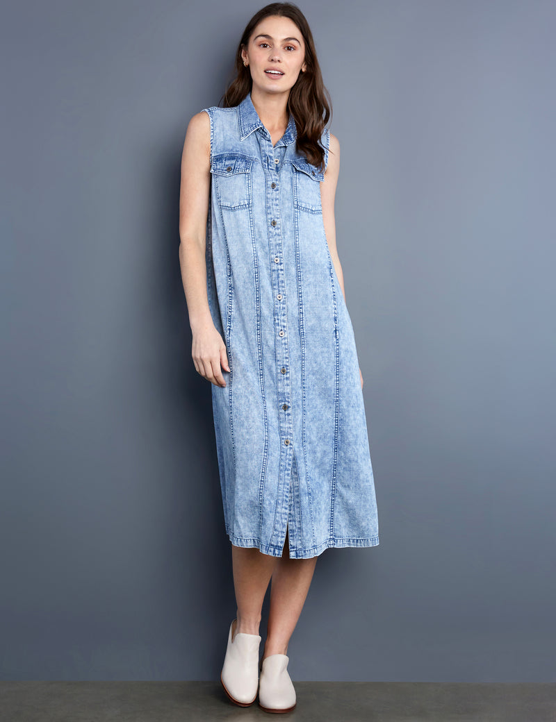 Women's Fashion Brand Seamed Sleeveless Denim Shirtdress