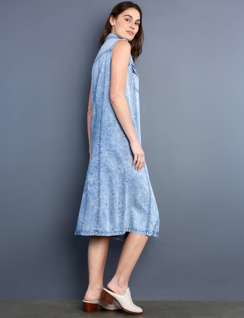 Women's Fashion Brand Seamed Sleeveless Denim Shirtdress