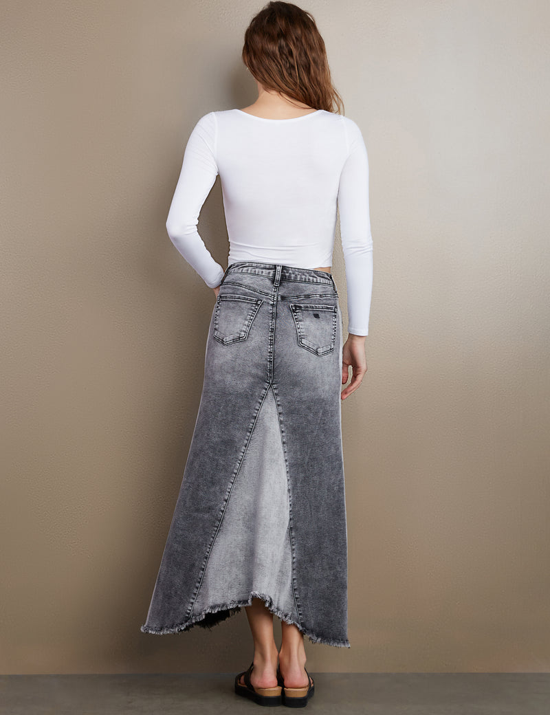 Women's Designer Denim Maxi Skirt in Shades of Black Wash Denim