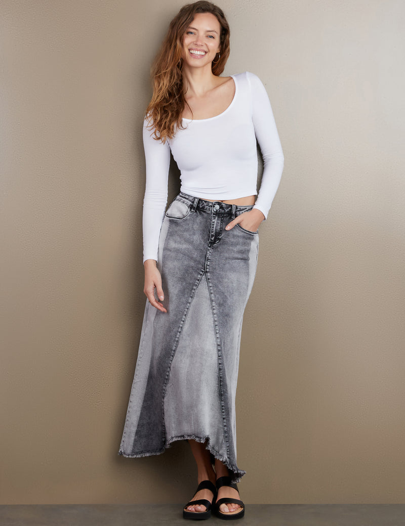 Women's Designer Denim Maxi Skirt in Shades of Black Wash Denim