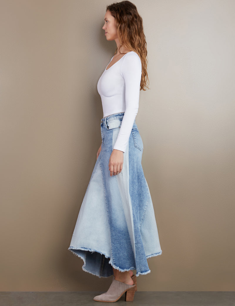 Women's Designer Denim Maxi Skirt in Shades of Light Wash