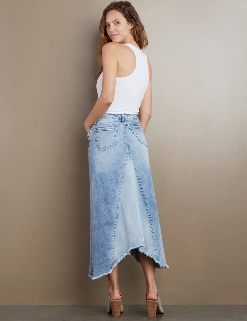 Women;s Designer Denim Maxi Skirt in Light Wash Denim