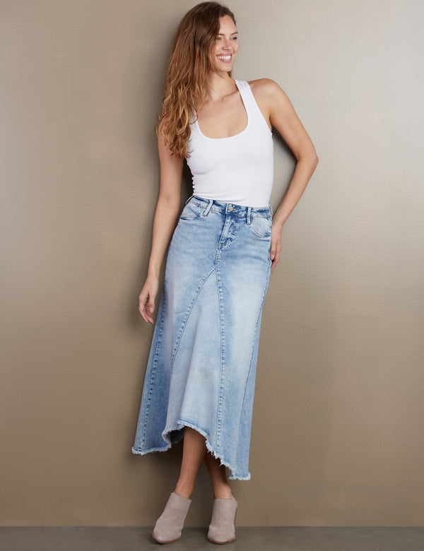 Women;s Designer Denim Maxi Skirt in Light Wash Denim