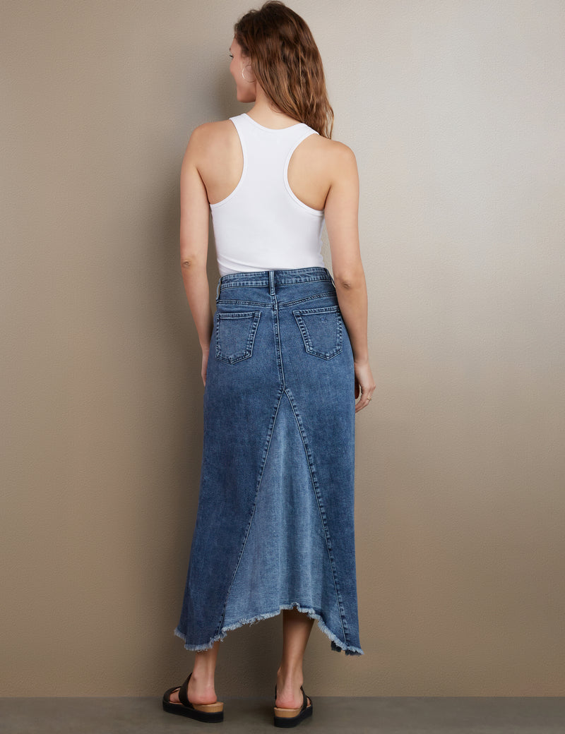 Selma Pieced Denim Maxi Skirt Deep Blue Back View