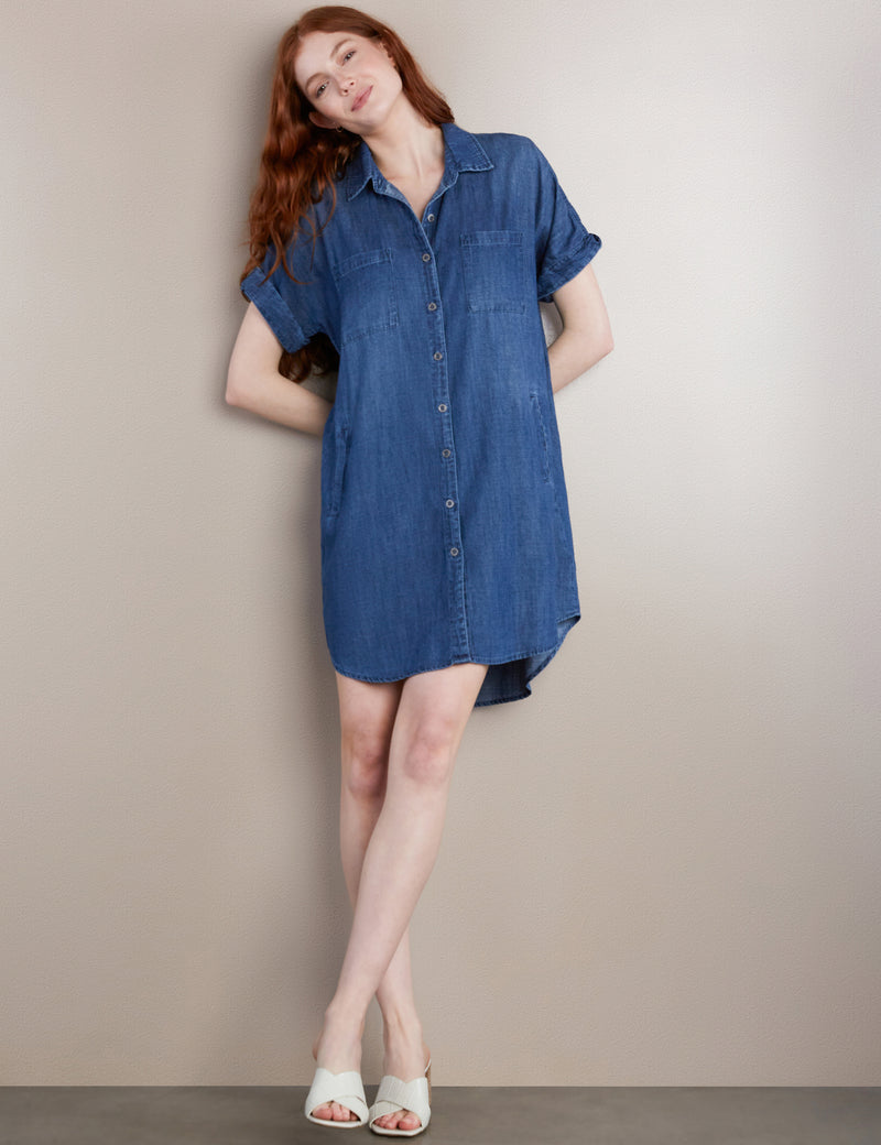 Women's Fashion Brand Short Sleeve High-Low Chambray Shirtdress