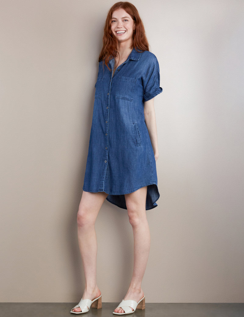 Women's Fashion Brand Short Sleeve High-Low Chambray Shirtdress