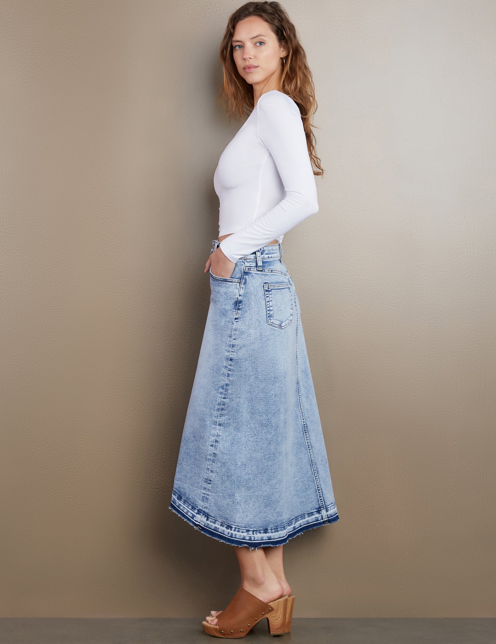 【BAON】Millery Wash Denim Midi Skirt Denim Skirts – washlabshop