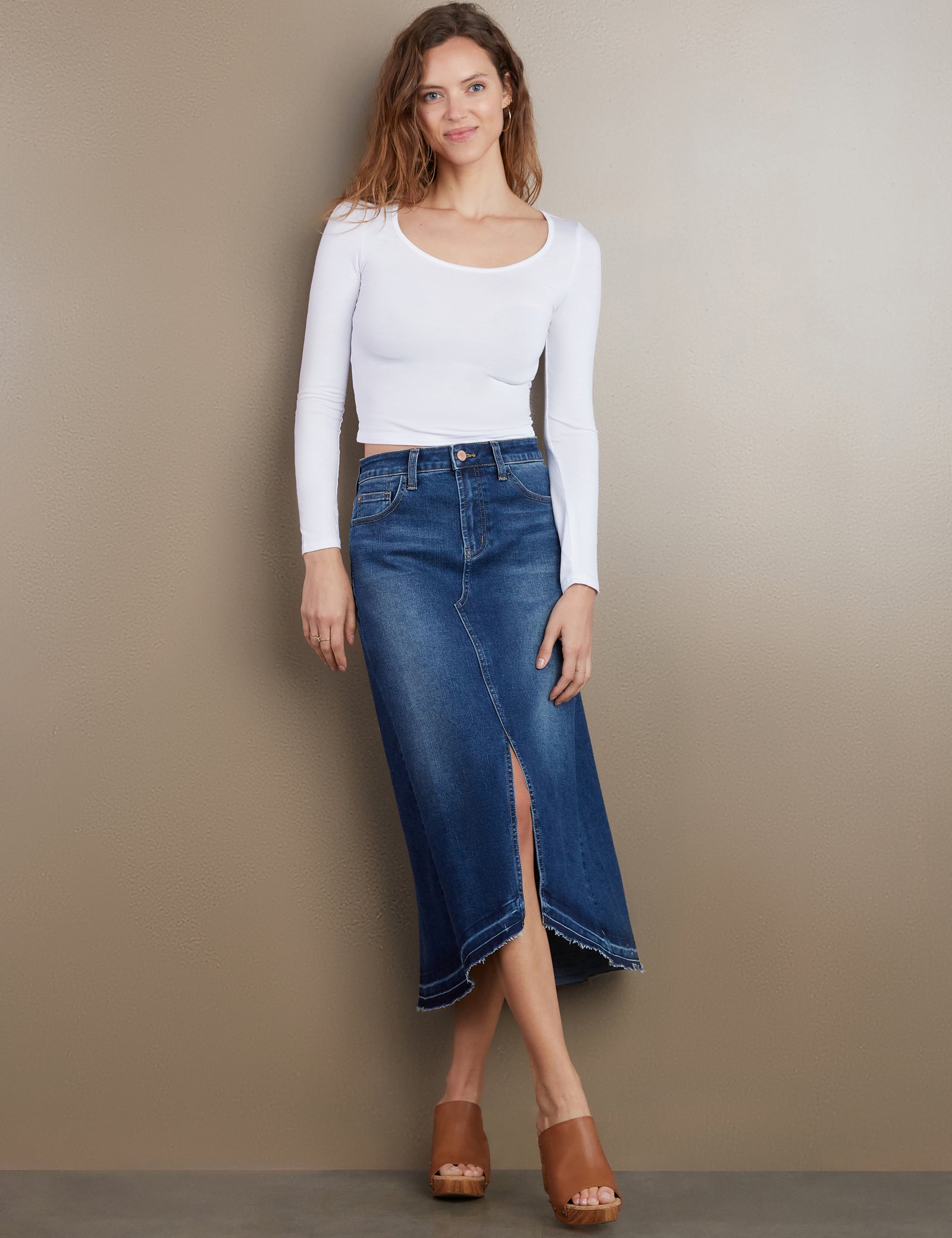 Women's Slit Front Midi Denim Skirt – Wash Lab – washlabshop