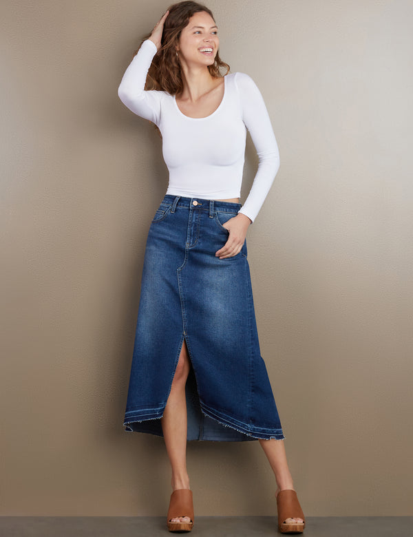 Women's Designer Slit Front Midi Denim Skirt