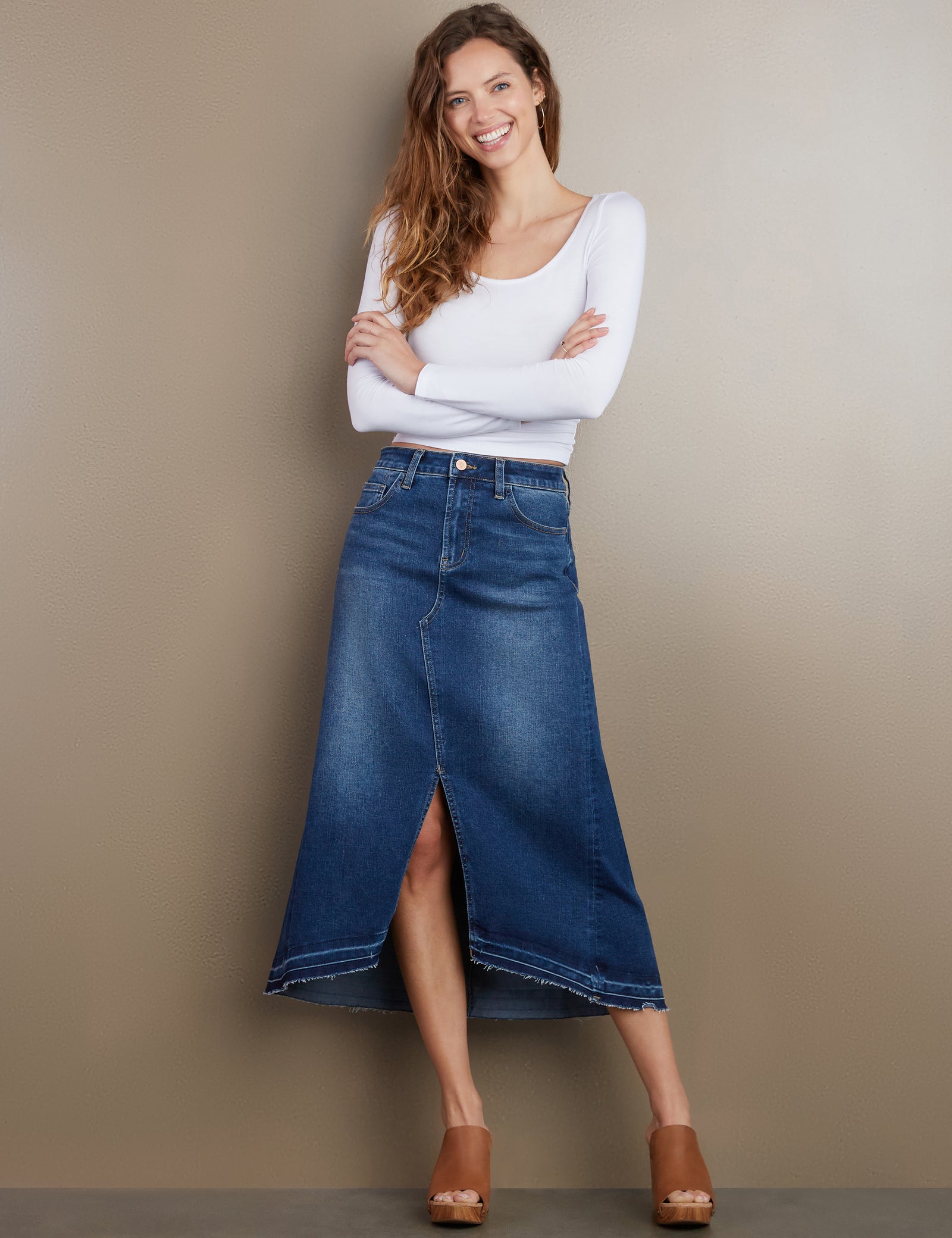 Women's Slit Front Midi Denim Skirt – Wash Lab – washlabshop