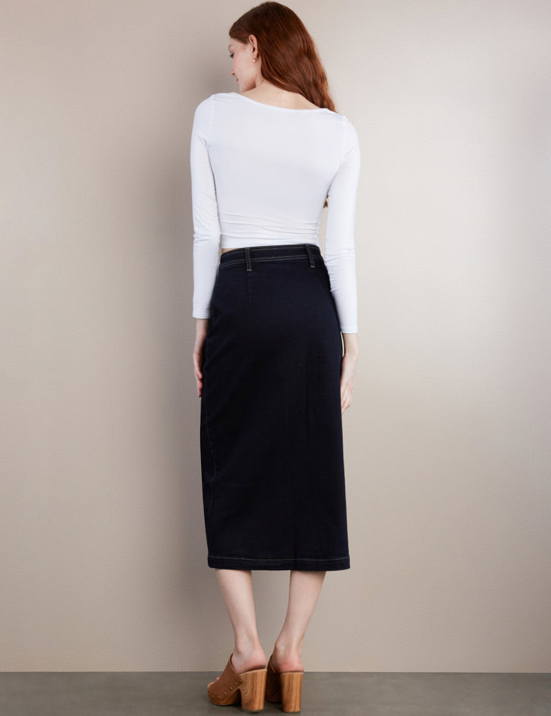 High-End Women's Fashion Brand Button Front Midi Skirt in Onyx Wash