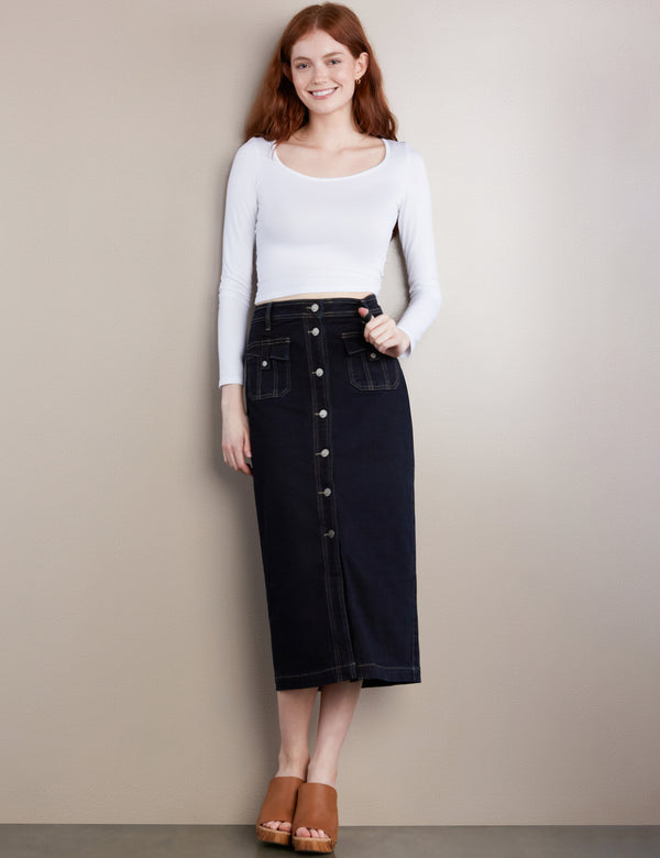 High-End Women's Fashion Brand Button Front Midi Skirt in Onyx Wash