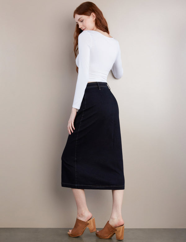 High-End Women's Fashion Brand Button Front Midi Skirt in Onyx Wash