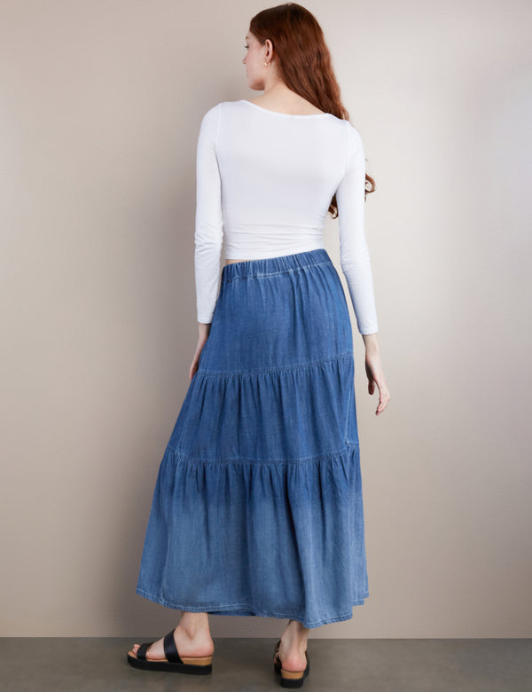 Women's Fashion Brand Tiered Elastic Waist Maxi Skirt