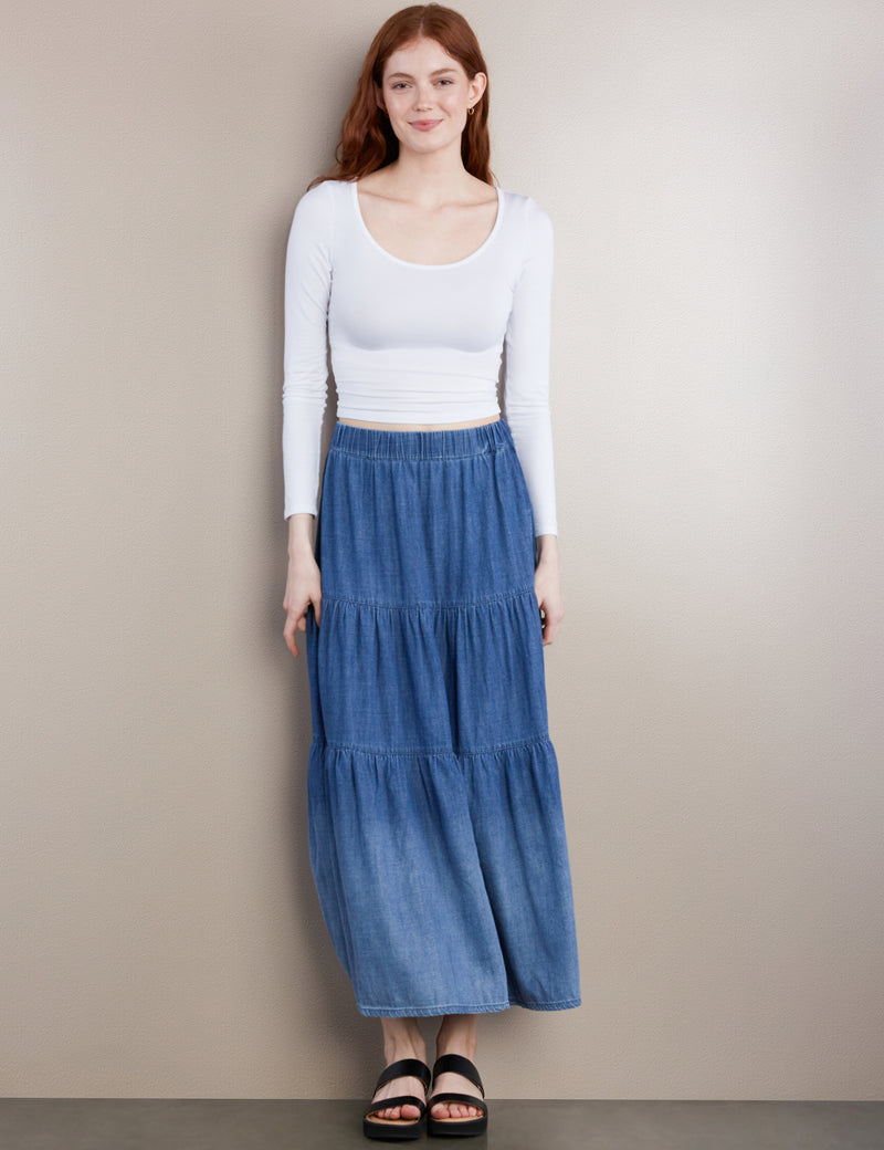 Women's Fashion Brand Tiered Elastic Waist Maxi Skirt