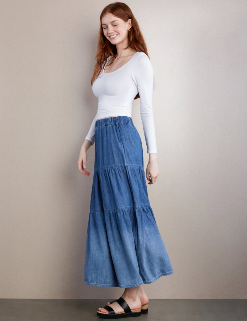 Women's Fashion Brand Tiered Elastic Waist Maxi Skirt