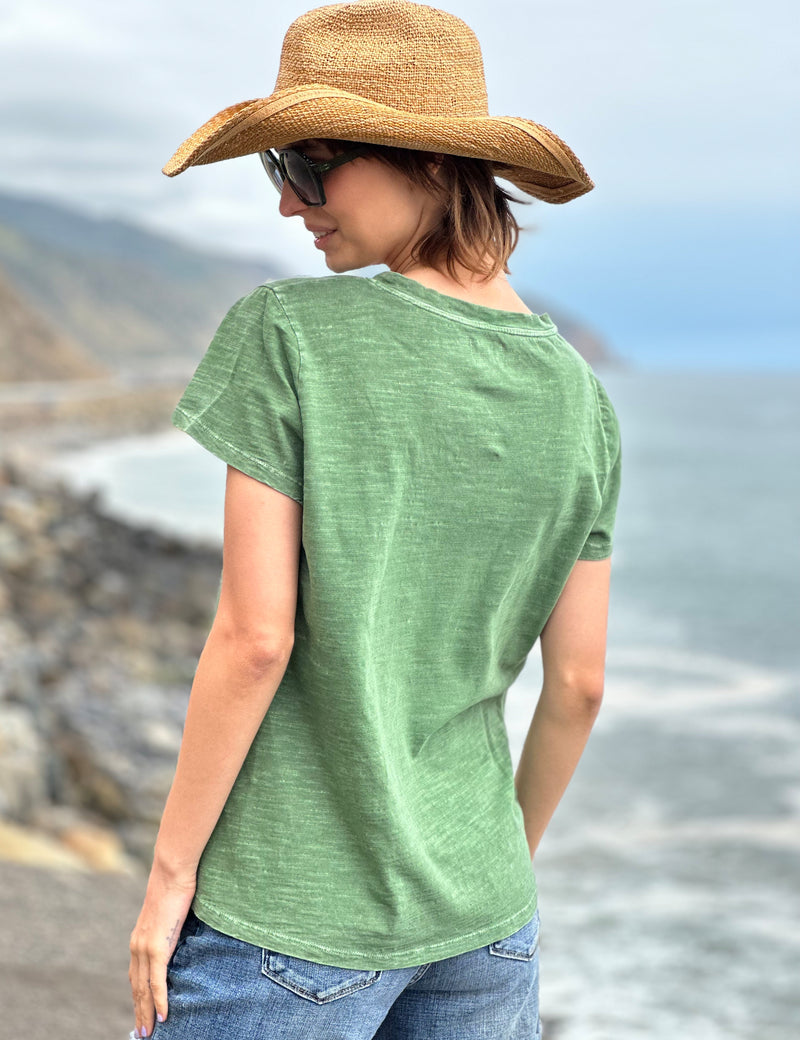 High-End Women's Fashion Brand Slub V-Neck Tee in Green