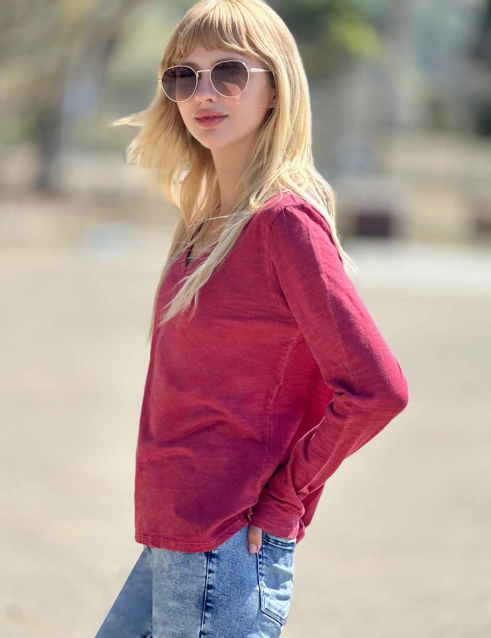 トップス BADBLOOD Rusty Denim V-Neck Long Sleeve V-Neck-Long-Sleeve-Tee-Cotton-