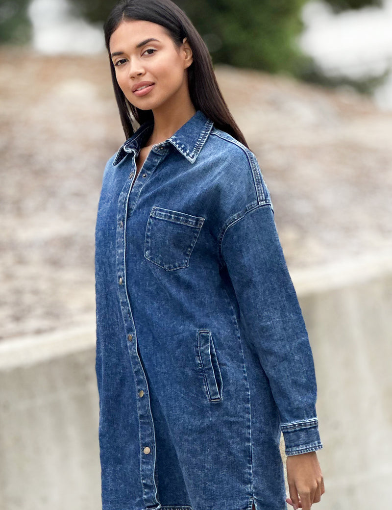 Women's WL Denim Shirtdress in Stretchy Everyday Fit Wash Lab washlabshop Women's WL Denim Shirtdress in Stretchy Everyday Fit Wash Lab washlabshop