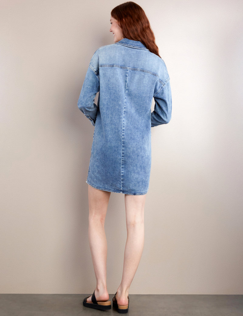 Women's Fashion Brand Light Wash Oversized Denim Shirtdress Back View Redhead