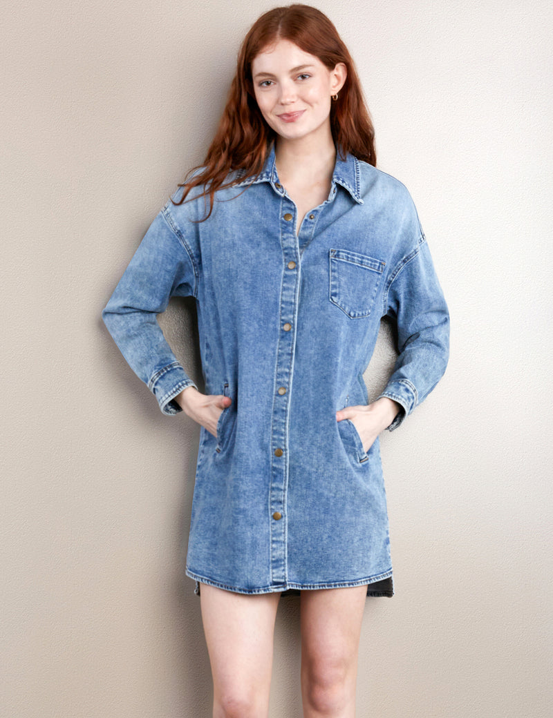 Women's Fashion Brand Light Wash Oversized Denim Shirtdress Front View Redhead Close Up