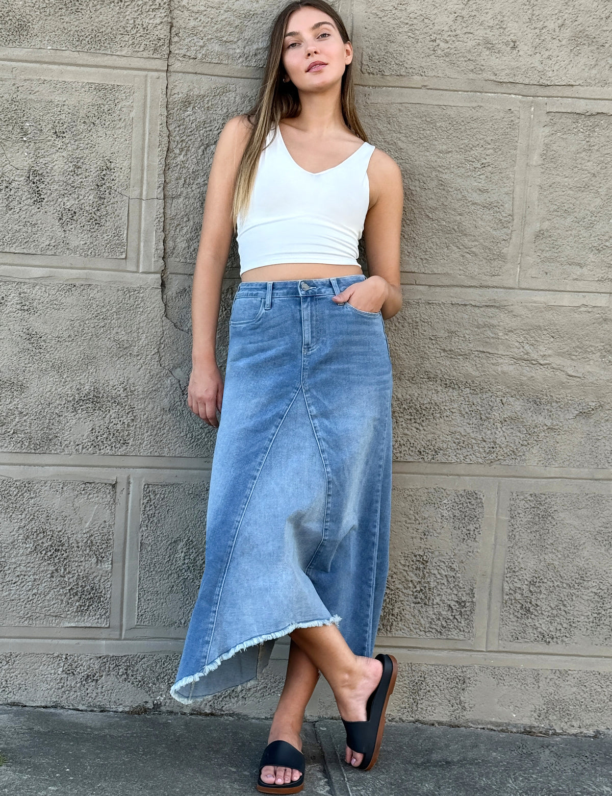 【BAON】Suzuka Fringe Washing Denim Long Skirt BAON】Suzuka Fringe Washing Denim Long Skirt (BAON/スカート