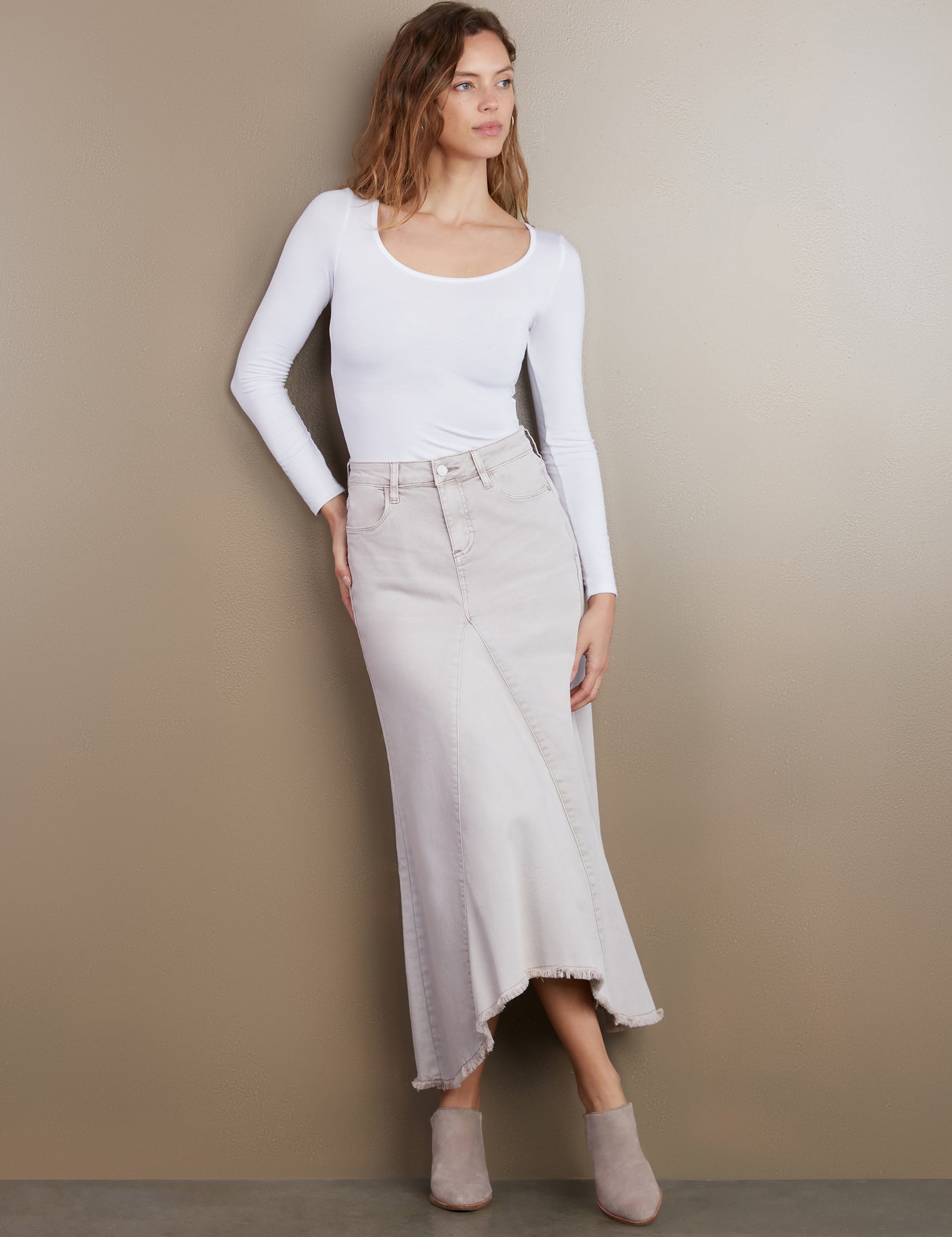 【BAON】Chems Washed Denim Long Skirt Below the Knee Denim Skirts – washlabshop