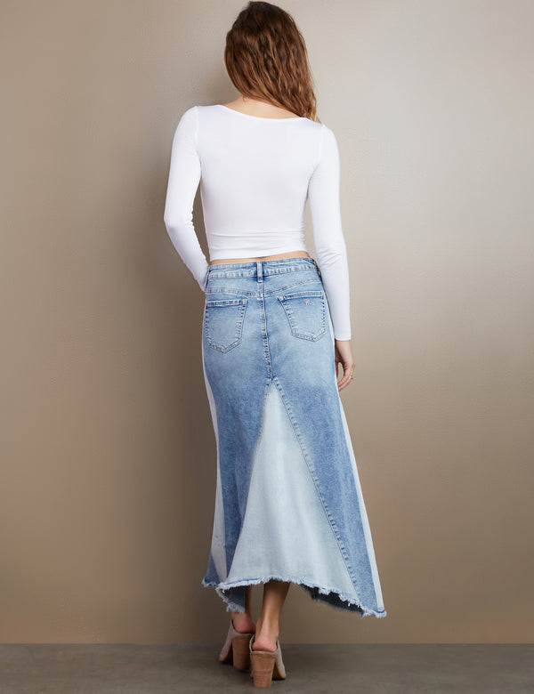 Women's Designer Denim Maxi Skirt in Split Blue