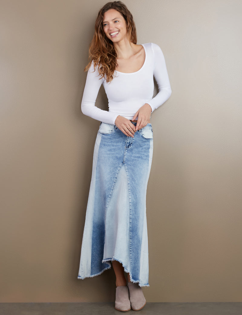 Women's Designer Denim Maxi Skirt in Split Blue