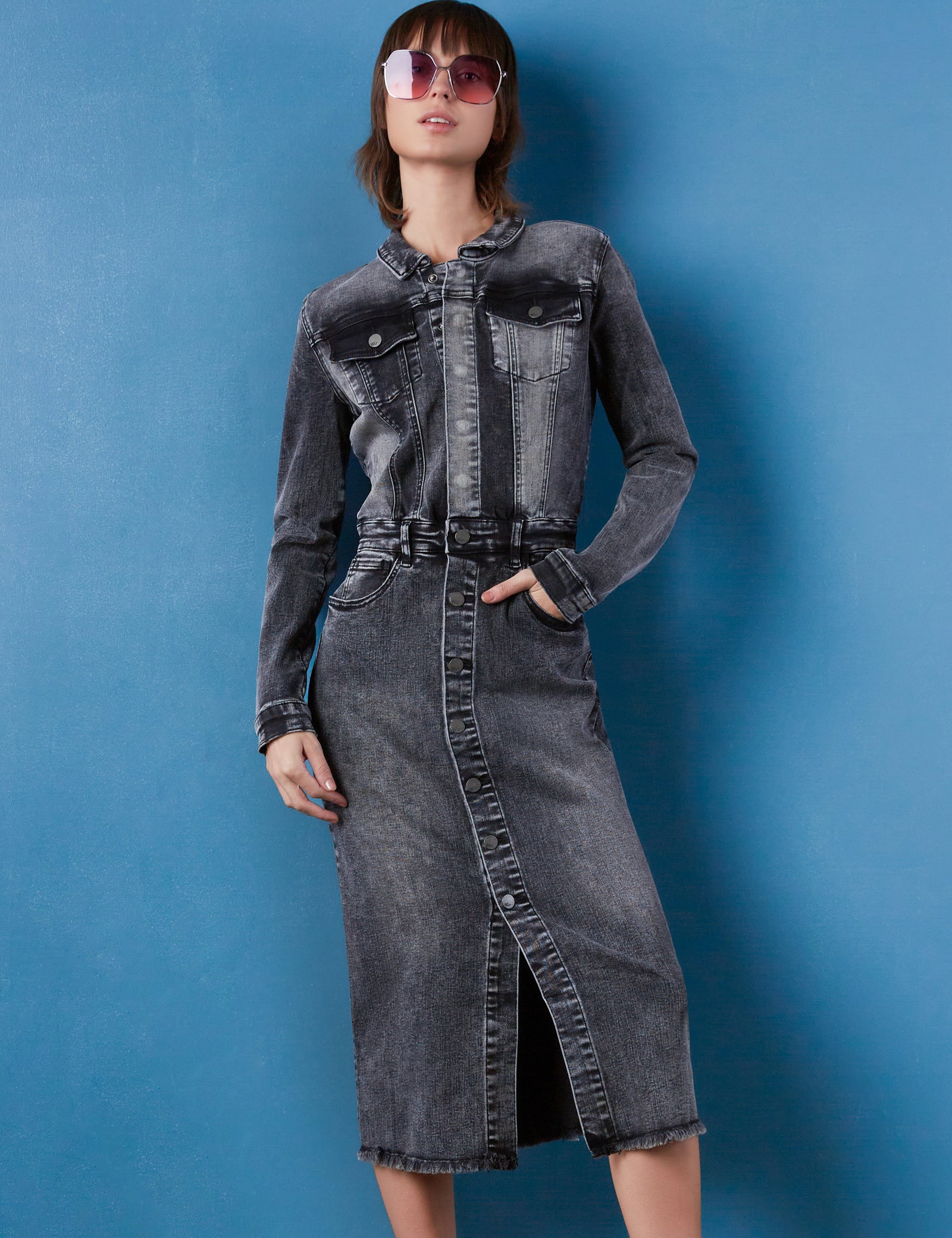 wash lab denim dress Perfect Pleats - Midi V-Neck Button Front with flared Wash Lab Denim Noelle Long