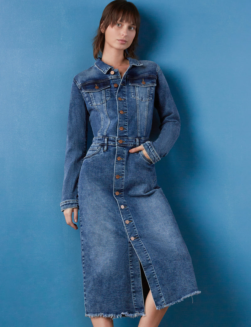 Women's Piece Dyed Denim Dress with Frayed Hem Wash Lab washlabshop Women's Piece Dyed Denim Dress with Frayed Hem Wash Lab washlabshop
