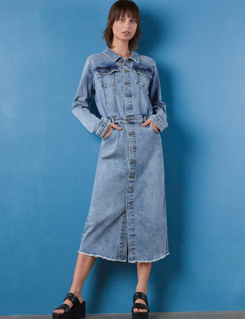 Women's Piece Dyed Denim Dress with Frayed Hem Wash Lab washlabshop Women's Piece Dyed Denim Dress with Frayed Hem Wash Lab washlabshop