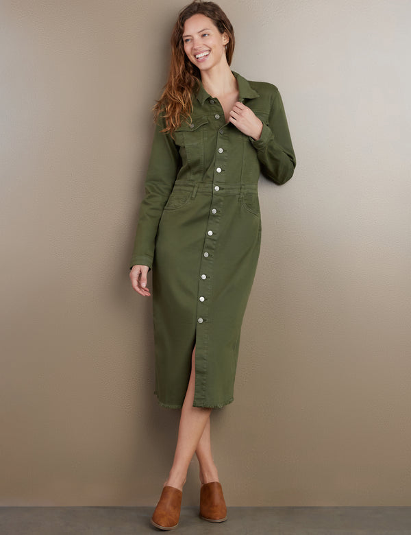 Women's Designer Piece Dyed Denim Dress in Olive Tree
