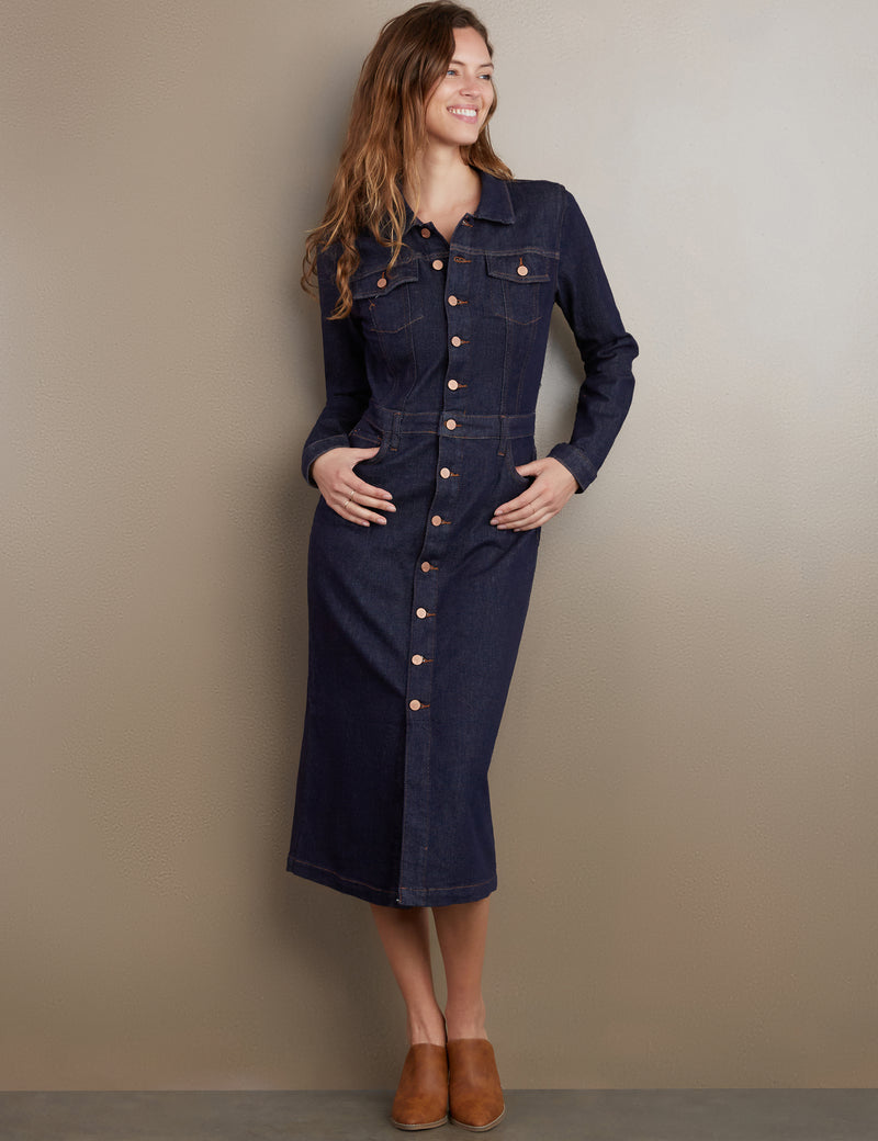 Women's Piece Dyed Denim Dress with Frayed Hem Wash Lab washlabshop Women's Piece Dyed Denim Dress with Frayed Hem Wash Lab washlabshop