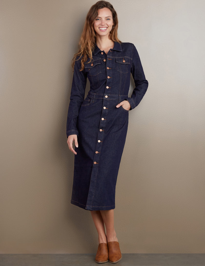 Women's Designer Piece Dyed Denim Dress in Raw Denim