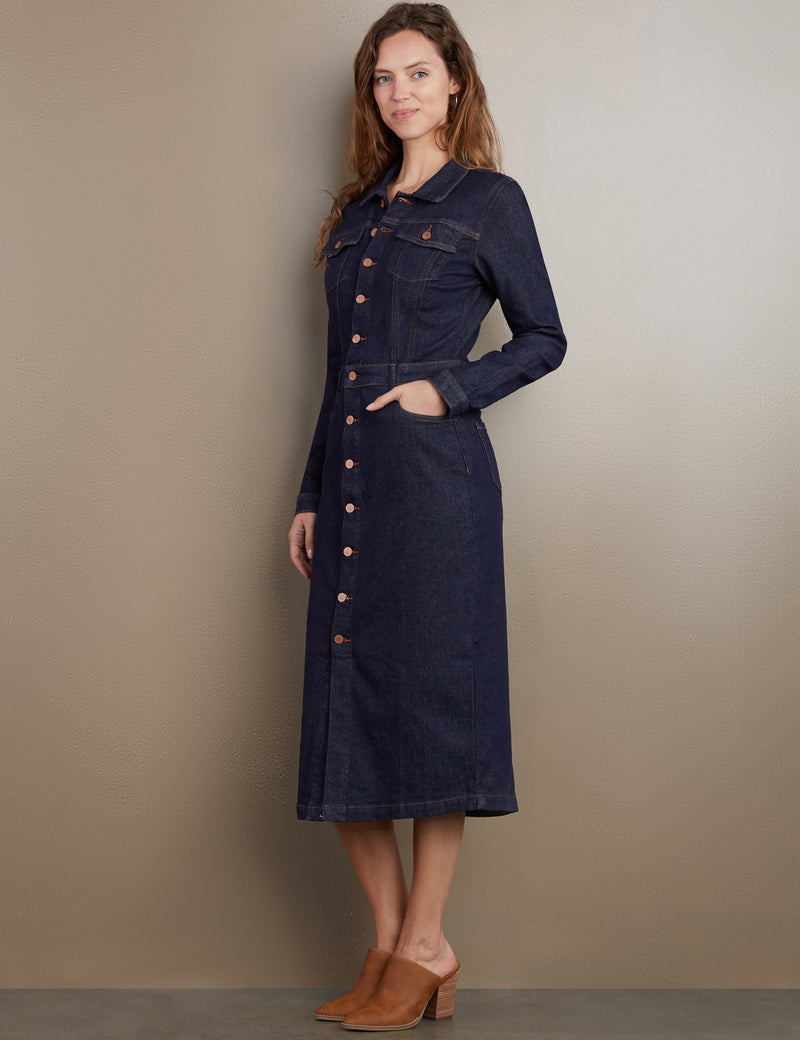 Women's Piece Dyed Denim Dress with Frayed Hem Wash Lab washlabshop Women's Piece Dyed Denim Dress with Frayed Hem Wash Lab washlabshop