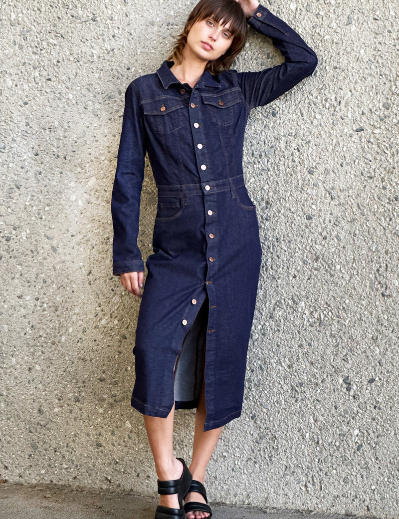 Women's Piece Dyed Denim Dress with Frayed Hem Wash Lab washlabshop Women's Piece Dyed Denim Dress with Frayed Hem Wash Lab washlabshop