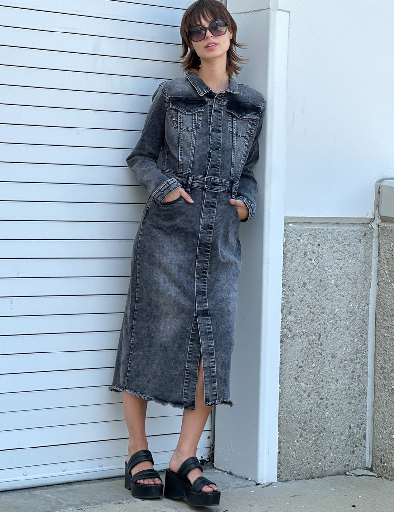 Women's Piece Dyed Denim Dress with Frayed Hem – Wash Lab – washlabshop Women's Piece Dyed Denim Dress with Frayed Hem – Wash Lab – washlabshop