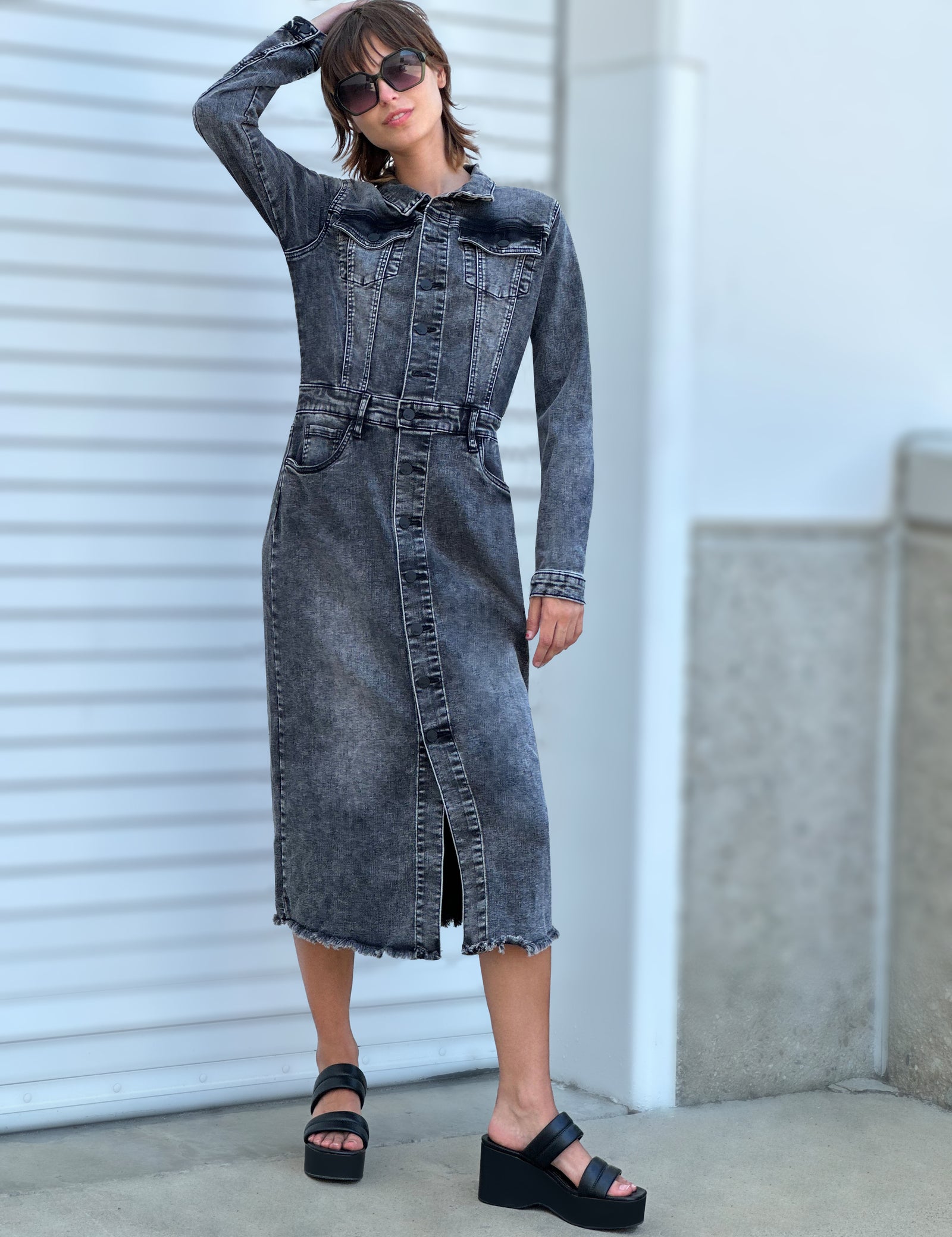 Women's Piece Dyed Denim Dress with Frayed Hem Wash Lab washlabshop Women's Piece Dyed Denim Dress with Frayed Hem Wash Lab washlabshop
