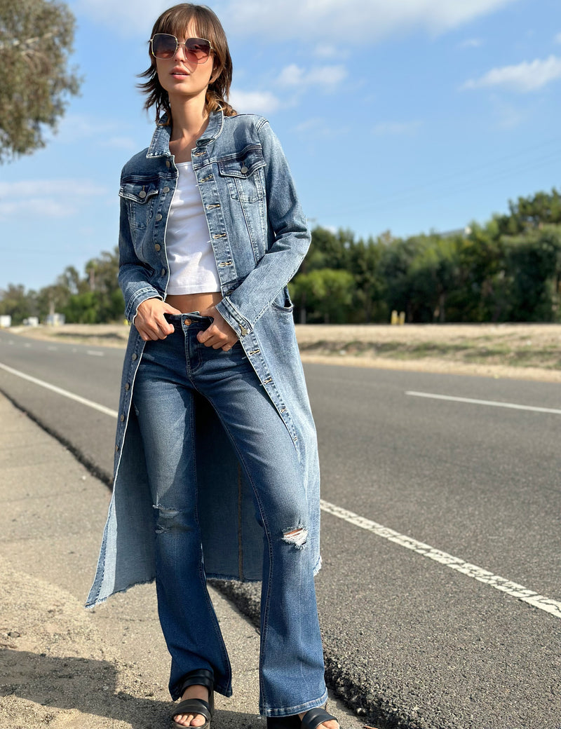 Womens Piece Dyed Denim Dress with Frayed Hem Wash Lab Blue / S Womens Piece Dyed Denim Dress with Frayed Hem Wash Lab Blue / S