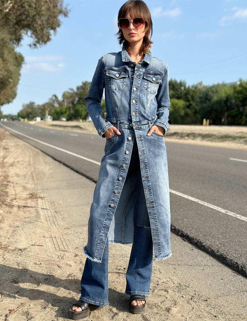 Women's Piece Dyed Denim Dress with Frayed Hem Wash Lab washlabshop Women's Piece Dyed Denim Dress with Frayed Hem Wash Lab washlabshop
