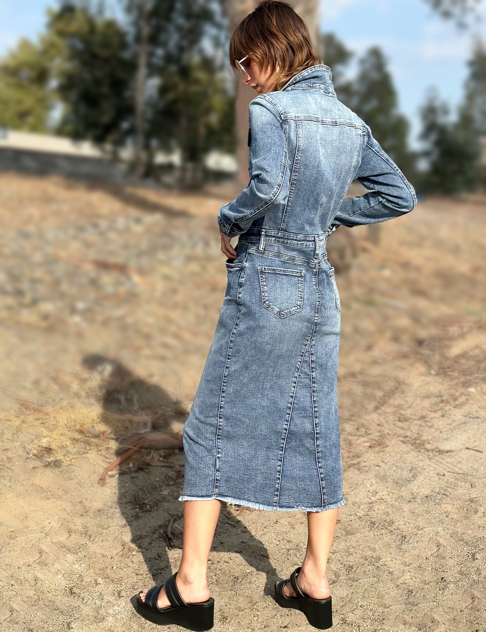 Women's Piece Dyed Denim Dress with Frayed Hem – Wash Lab – washlabshop