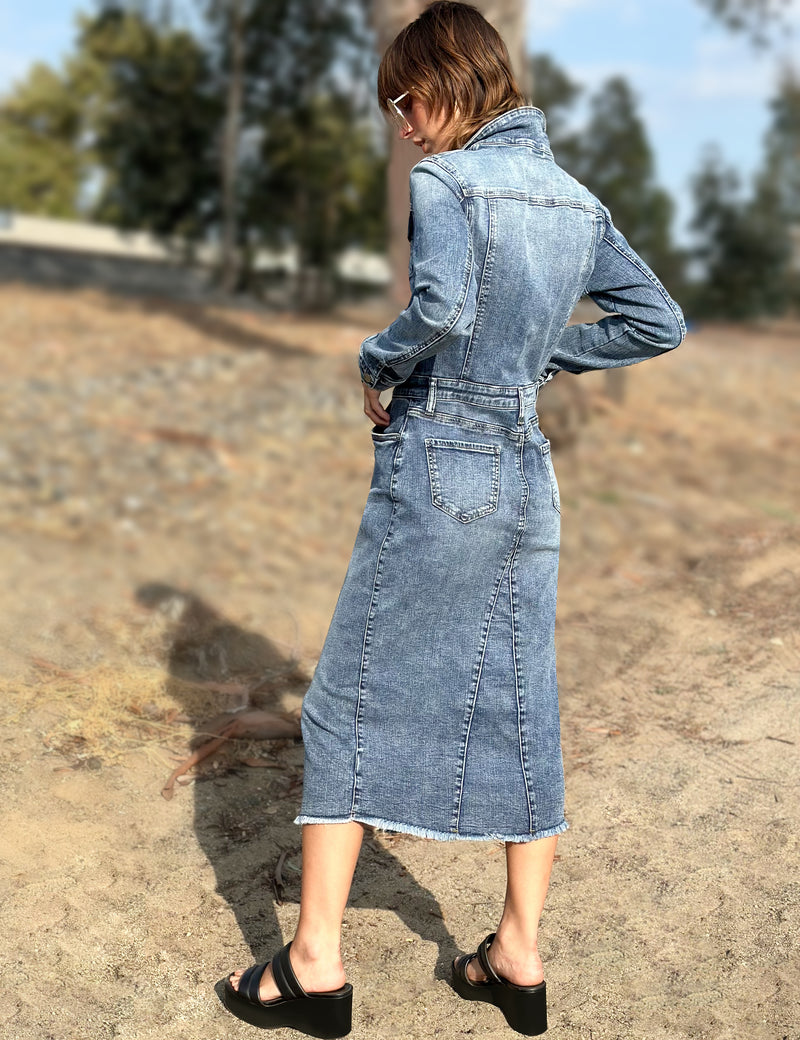Women's Piece Dyed Denim Dress with Frayed Hem Wash Lab washlabshop Women's Piece Dyed Denim Dress with Frayed Hem Wash Lab washlabshop